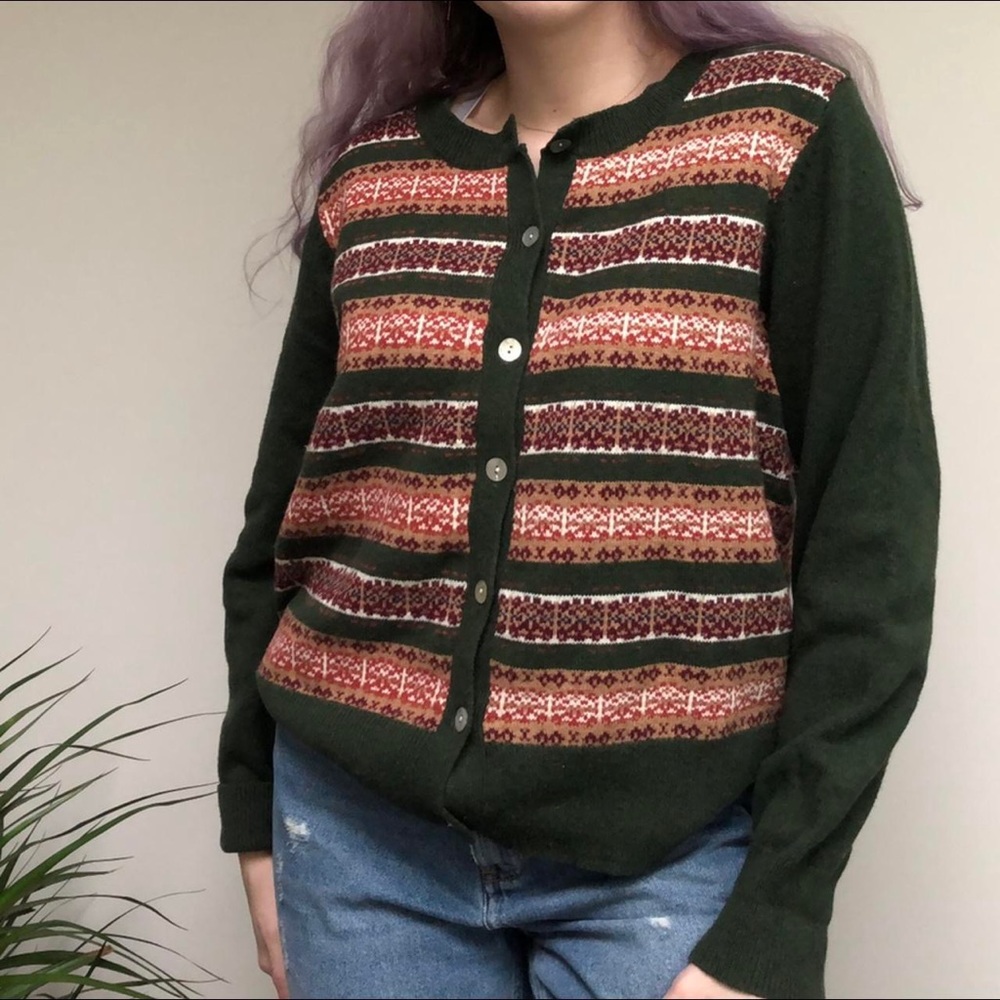 vintage cottagecore green fair isle button up cardigan size L